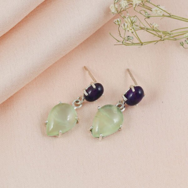 Dual-Stone Sterling Silver Earrings with Amethyst and Green Quartz Drops - Image 2